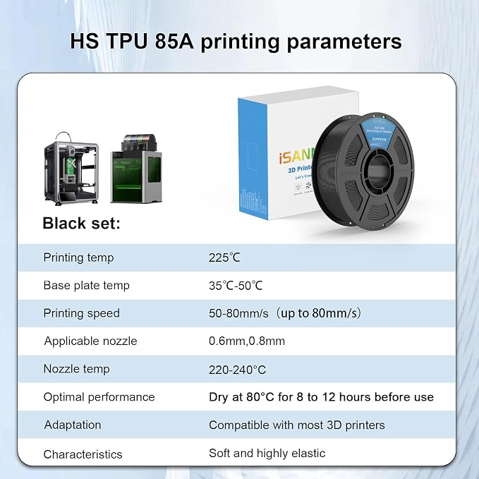 iSANMATE TPU Filament 1.75mm 85A Black, 1kg/2.2lbs TPU Flexible 3D Printer Filament for FDM 3D Printers,Dimensional Accuracy +/- 0.03mm, 50-80mm/s