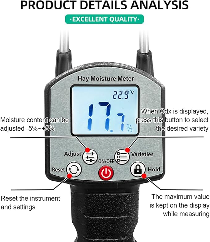 Digital Hay Moisture Meter Tester, Portable Hay Moisture Meter Tester with 12" Probe with LED Warning & Automatic Temperature Compensation for Forage and Alfalfa,Hay Moistures Testing