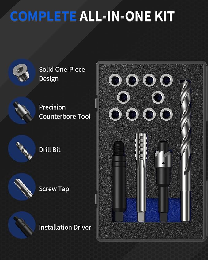 M8x1.0 Metric Thread Repair Kit, with HSS Drill, HSS Tap, Counterbore, Installation Driver, M8x1.0MM 10 pcs 304 Stainless Steel Inserts (11.7mm Length)