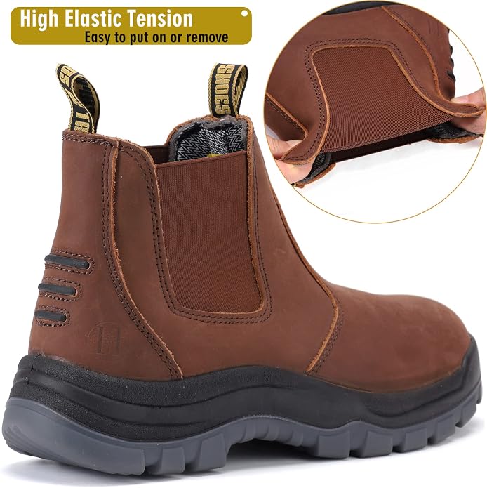 DIIG Work Boots for Men, Soft/Steel Toe Waterproof Working Boots, Slip Resistant Anti-Static Slip-on Safety EH Working Shoes 6 8 9 10 11 12 13 (Brown)