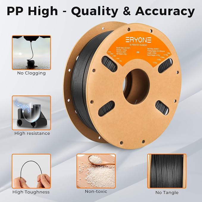 ERYONE Polypropylene Filament 1.75mm +/-0.03mm, Semi-Flexible & Ultra Tough, Chemical-Resistant,PP 3D Printing Filament, 900g/Spool, Black