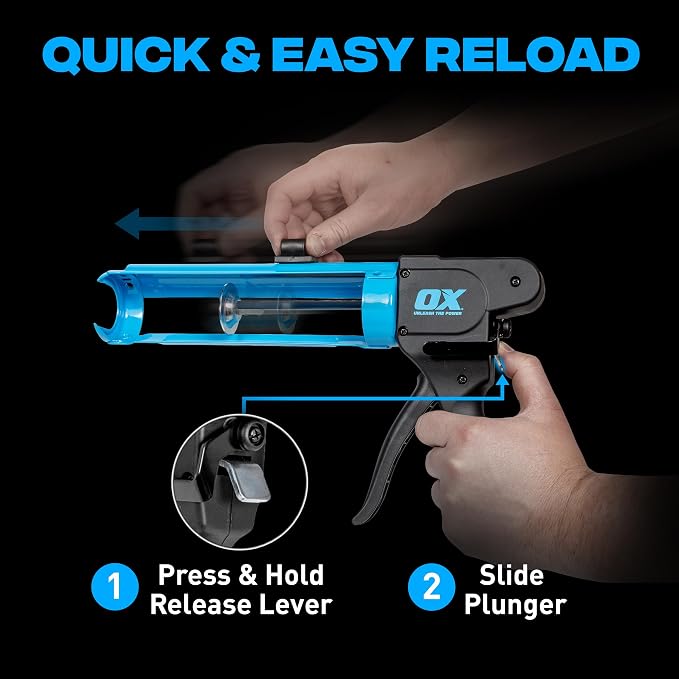 OX Pro Compact Caulk Gun - 10 oz Rodless Manual Caulking Gun Tool - 7:1 Thrust Ratio Designed for Tight Spaces, Includes Belt Clip - Pistola De Silicona