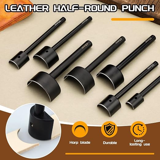 7 Sizes Leather Corner Punch, Half-Round Punch Set, Leather Belt Cutter End Punch Tool, Belt Cutting Tool, Leatherworking Tools for Strap Belts, Wallet, Bags (From15mm to 45mm)