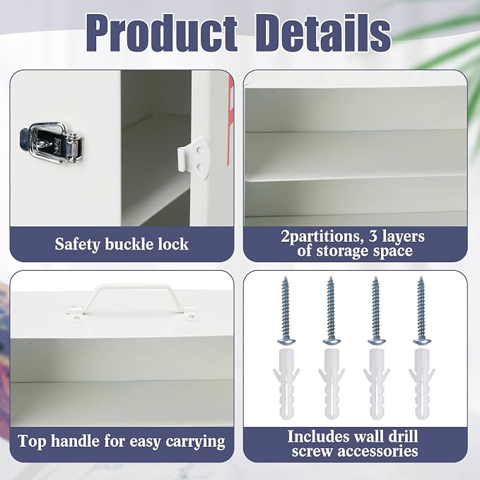 Timgle 2 Pcs First Aid Kit with Lock 3 Shelf Wall Mount Medicine Cabinet with Key Lock Handle Locking Medical Cabinet Lightweight Medium Wall Organizer Steel Storage Box for Business Worksite (White)