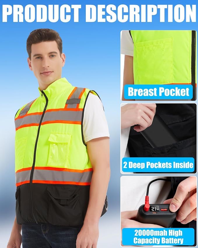 21V Safety Cooling Fan Vest for Men and Women, With Max 12000 RPM 2 Fan & Up to 16 Hours Runtime 20000mAh Battery