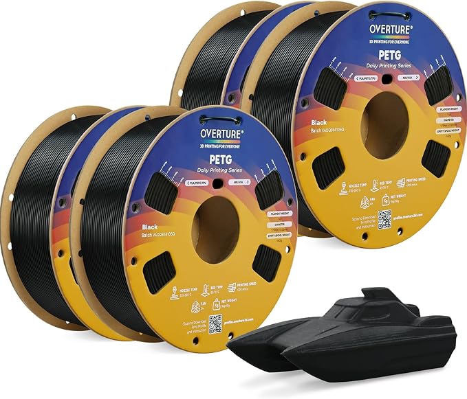 OVERTURE PETG Filament 1.75mm Bundle 4kg, High Speed 3D Printer Filament, Neatly Wound & Clog-Free, 4 Pack 1kg(2.2lbs), Accuracy +/- 0.02mm, Fit Most FDM Printers (Black (4-Pack)