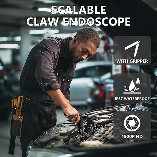 Endoscope Camera with Light and Grabber, Sewer Borescope Inspection Mirror with Magnetic Pickup, Drain Snake Scope for Automotive Repair & Pipe Cleaning, IP67 Waterproof, 6 LED, 19.7-Inch