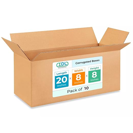 Long Shipping & Moving Boxes 20x8x8 inches (10-Pack) - Extra Strength 200 lb vs Regular - USA-Made Corrugated Packing Boxes for Moving - Heavy Duty Moving Box - Cardboard Box Moving by IDL Packaging