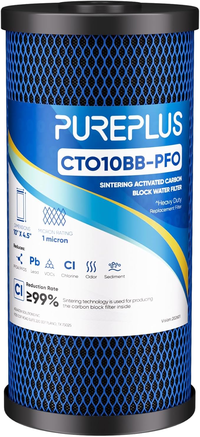 PUREPLUS 1 Micron 10" x 4.5" Whole House PFAS Removal Replacement Water Filter, Coconut Shell Activated Carbon Filter, Compatible with WFHDC8001, GXWH40L, GXWH35F, CB-BB-10, CTO10BB, 1 PACK