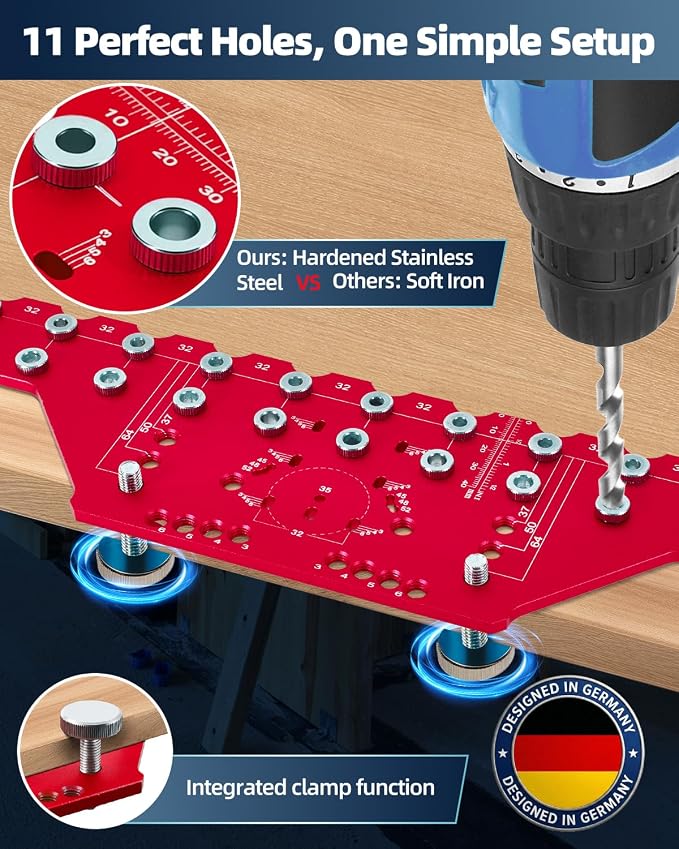 2-in-1 11-Holes Shelf Pin Jig, Concealed Hinge Jig, Drilling Guide with Self-Contained Clamping, All-Metal, for Cabinet Hinge & 1/4" 5mm Shelf Pin, Woodworking Drill Guide Tool (Red)