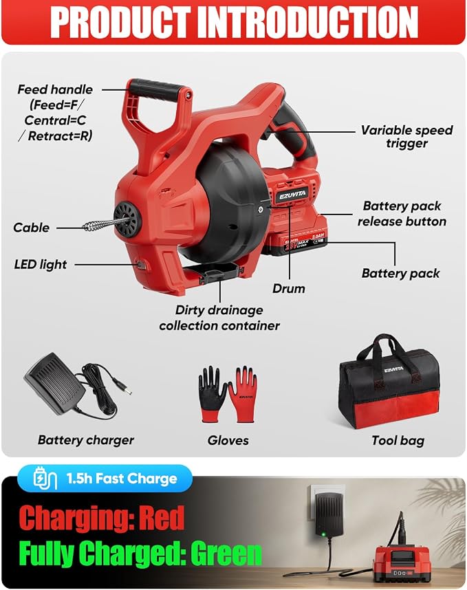 20V Cordless Electric Drain Snake, 25Ft Replaceable Cable with 2.0Ah Battery & Fast Charger, Bag & Gloves for Sink & Sewer, Clears 3/4"-2" Pipes, Father's Day Gift