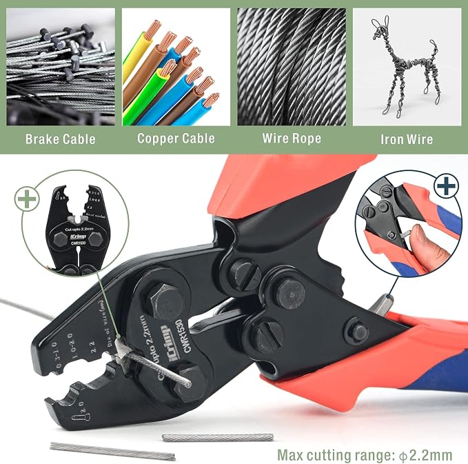 iCrimp CWR1530 Bicycle Cable and Housing Crimper with Built-in Cutter for Bike Brake and Shifting Cables, Aluminum Sleeves