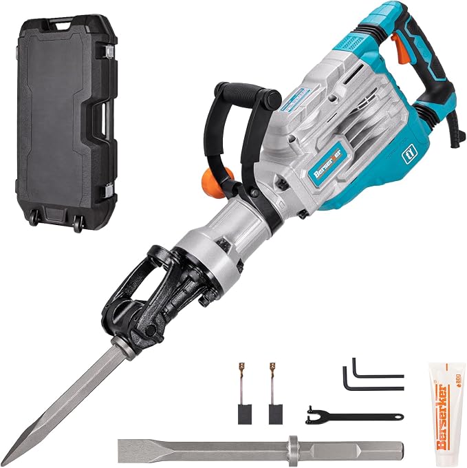 Berserker 1700W 40-Pound Demolition Jack Hammer 127FD with 1-1/8" Hex,14Amp | Heavy duty Corded Electric Concrete/Pavement Breaker with Vibration Control, Trigger Lock, Wheeled Carrying Case & 2 Chisels