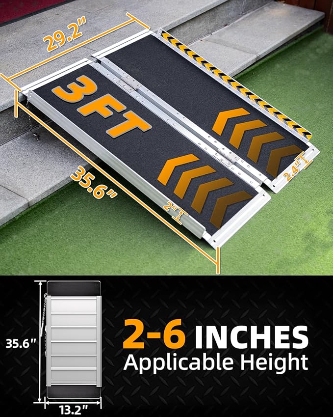 VNN Portable Wheelchair Ramp 3FT, Non-Slip Aluminum Ramps for Wheelchairs for Home, Handicap Wheelchair Ramps for Home Steps, Aluminum Loading Dock Plates, Doorways, Curbs, Stairs