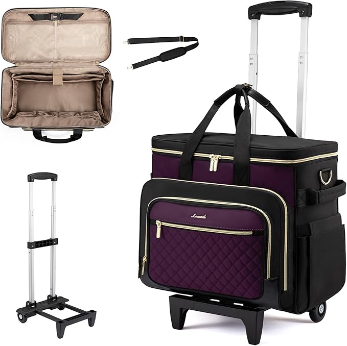 LOVEVOOK Rolling Teacher Bag with Detachable Dolly and Laptop Compartment, Large Rolling Tote Bag fits for 17.3" Laptop for Teacher Office Work Craft Nurse, Quilted-Purple-Black