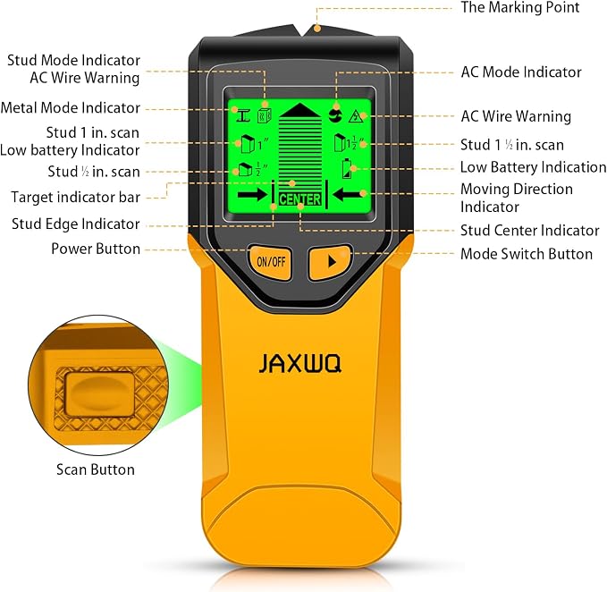 Stud Finder Wall Scanner - 5 in 1 Stud Finder Tool w/Smart Chip and HD LCD Display, Stud Detector Beam Finders for the Center and Edge of Wood AC Wire Metal Studs Joist Pipe (Yellow Feathers)