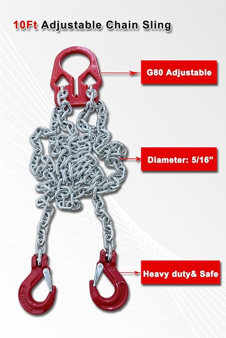 Chain Sling 6613 lbs 5/16 Inch x 10 Ft Chain Slings for Engine Hoist 2 Legs Heavy Duty Lifting Chains with Adjustable Hooks for Industrial Engine Hoist【3ton】