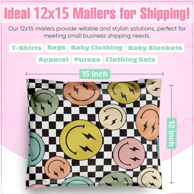 Package Mint 12x15 Poly Mailers - 50 Pack Smiles Checkerboard Design - Waterproof and Tear-Resistant Mailing Bags with Self-Adhesive Seal - Versatile Shipping Bags for Clothes and Accessories