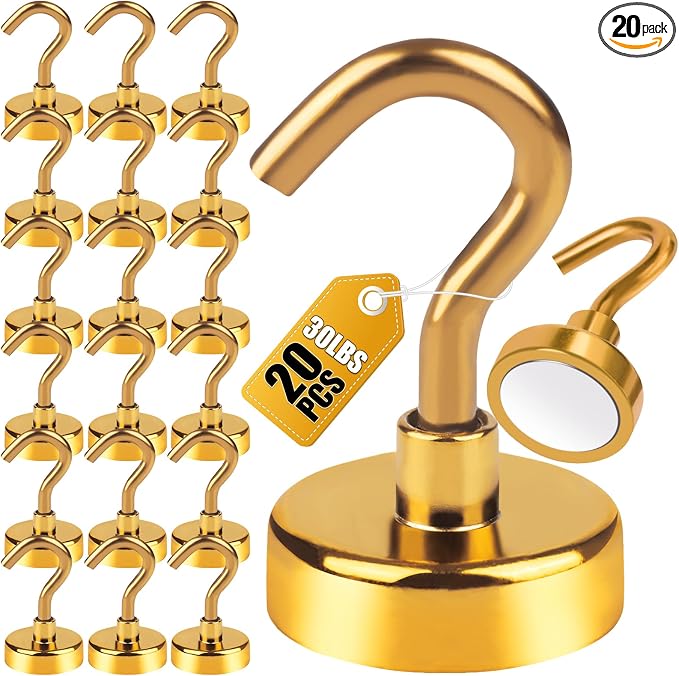 DIYMAG Magnetic Hooks Gold, 30Lbs Strong Heavy Duty Cruise Magnet S-Hook for Classroom, Fridge, Hanging, Cabins, Grill, Kitchen, Garage, Workplace and Office Etc, (20 Pack)
