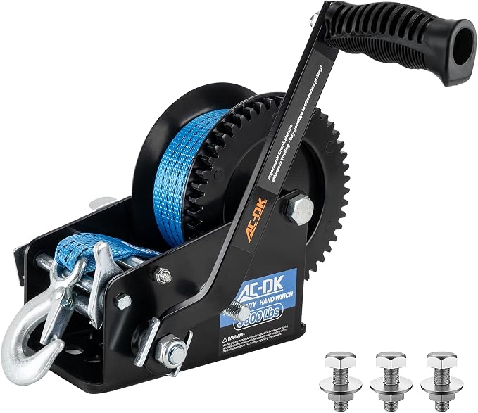 3500lbs Heavy Duty Boat Trailer Winch with 32FT Strap，2-Way Ratchet 4:1/8:1 Gear Trailer Winch，Portable Hand Crank Winch for Boat, Truck, Trailer, RV, ATV, Jet Ski
