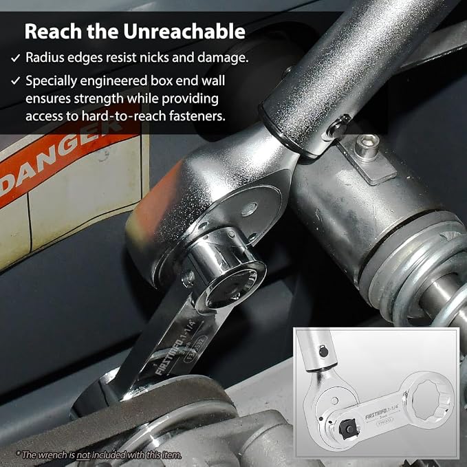 FIRSTINFO 1/2-inch Drive 1-1/4" 12-Point Box End Torque Adapter | 3 in center-to-center length • Fits 4, 6 & 12-point fasteners • CR-V steel • Thin-wall access • Made in Taiwan