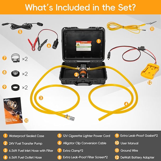 24V 120GPH Fuel Transfer Pump Set with Upgraded Carrying Case & Battery Adapter, Compatible with DeWalt 20V Battery, for Vehicles, Boats(120GPH 24V, Pump with Yellow Adapter)