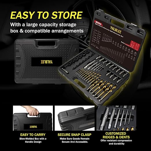 53Pcs Easy Out Screw Extractor Set with Left Hand Drill Bit, Bolt Extractor Kit with Hex Adapter, Stripped Bolt Remover & Reverse Drill Bit for Broken Nuts Screws, Bolts, Studs