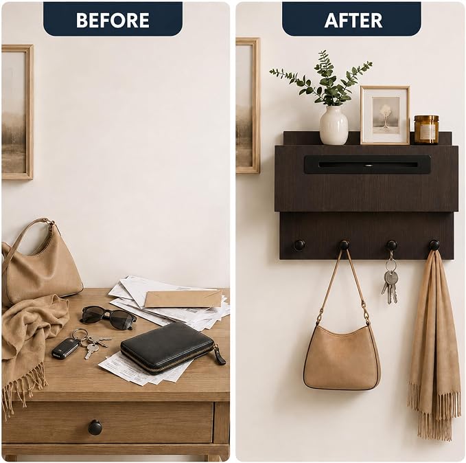 Floating Shelf with Drawer & Hooks, Entryway Organizer with Sensor Light | Italian Wood Veneer, Hidden Drawer, 4 Matte Black Hooks & Warm Sensor Light for Mail, Keys, Wallets, Coats & Daily Essentials