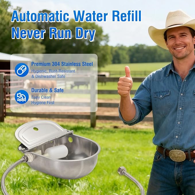 2 Pack 304 Stainless Steel Automatic Livestock Waterer with Float Valve & Drainage Hole – 39 inch Water Hose (one end 3/4“), Animal Drinking Bowl for Dogs, Chickens, Goats, Cows