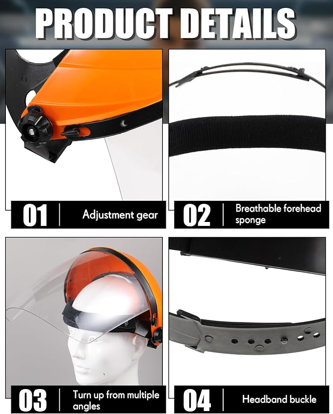 Tellegloww 4 Pack Safety Face Shield for Grinding and Cutting, Full Impact Resistant Face Shield Mask for Work Chemical Woodworking (Orange)