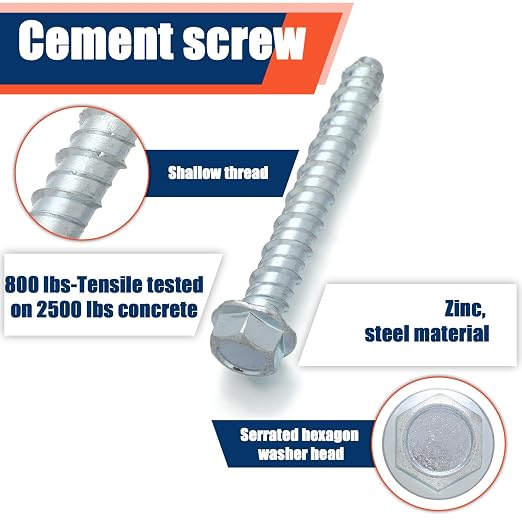 Tandefio 100 Pack 1/2" x 4" Concrete Screw Anchors Galvanized Large Diameter Heavy Duty Plated Concrete Anchors for Masonry Brick Anchoring Block Decking Framing Hex Drive