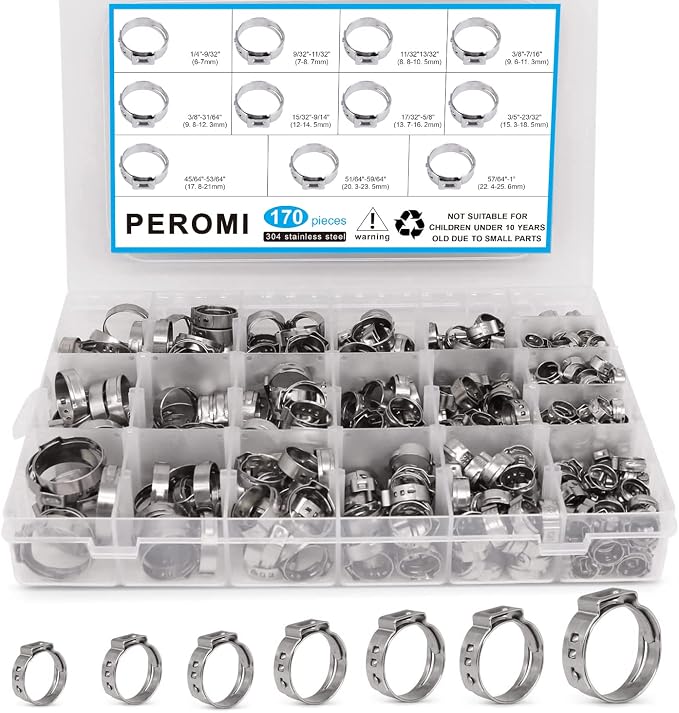 170 Pcs Single Ear Hose Clamp& 6 Pack 23-25mm T-Bolt Hose Clamp