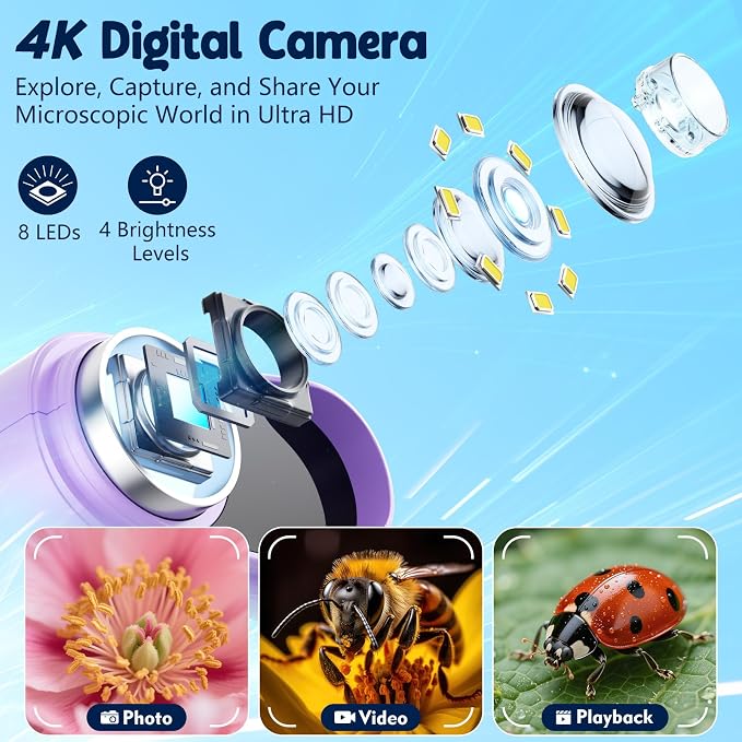 Odatay 4K 1000X Digital Microscope for Kids with Long Distance Viewing & 2.4" Screen, Portable Handheld Edu Toys for Kids Age 3-12 Exploring Bugs Plants at Home Classroom & Outdoor Travel, Purple