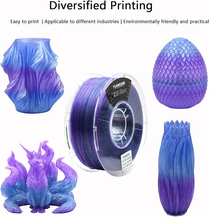 Crystal Purple Gradient PLA Filament 1.75mm, 1kg Spool, Dual-Color Transition (Purple to Blue), Crystal-Effect PLA with Smooth Color Blending, ±0.03mm Precision, Easy Printing