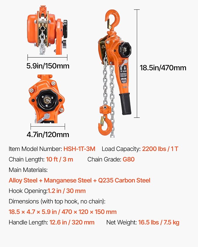 VEVOR Manual Lever Chain Hoist, 1T 2200LBS Capacity Heavy Duty Come Along, 10FT Lift G80 Alloy Steel Chain with Dual Pawl Mechanical Brake,360°Rotating Hooks, for Warehouse Construction Garage