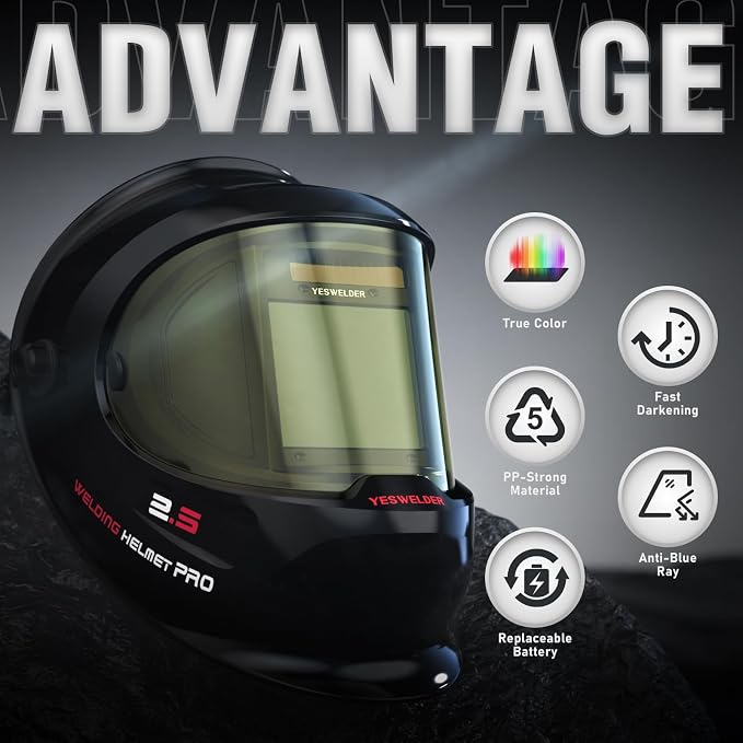 YESWELDER Auto Darkening Welding Helmet with SIDE VIEW, 180° Panoramic View, 1/1/1/1 True Color Solar Powered Welder Hood, Wide Shade 3/5-9/9-13 Welder Mask for TIG MIG ARC CUT and GRIND, LYG-Q800D
