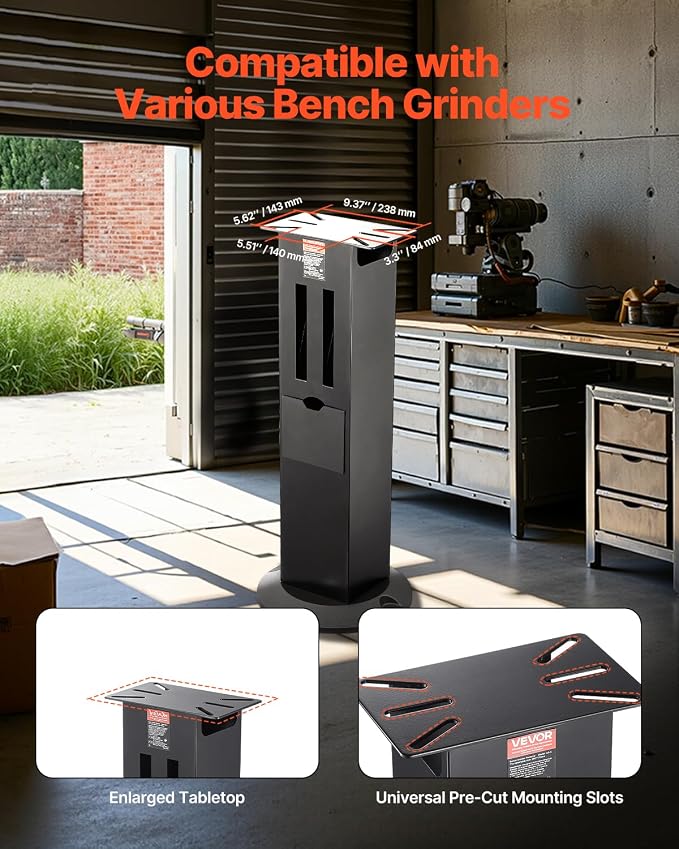 VEVOR Bench Grinder Stand, Heavy-Duty Bench Grinder and Vise Floor Pedestal with 11" x 6.7" Mounting Plate, Grinding Wheel Storage Compartments & Cast Iron Base, Compatible with Most Bench Grinders