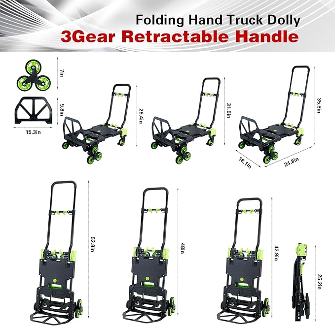 2-in-1Folding Hand Truck with Stair Wheels,330LB Portable Hand Truck Foldable Dolly for Stairs,Stair Climbing Dolly with Telescoping Handle for Supermarket,Home,Warehouse(Green)