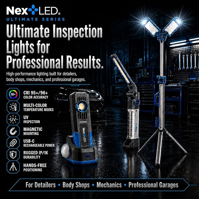 NextLED NT-7885M Ultimate Folding 1500 Lumen Multi-Function LED Rechargeable Work Light with CRI 95 Rating, Dual Color Temperatures, for Auto Detailing, Color Match, Mechanic Repair, HVAC Inspection