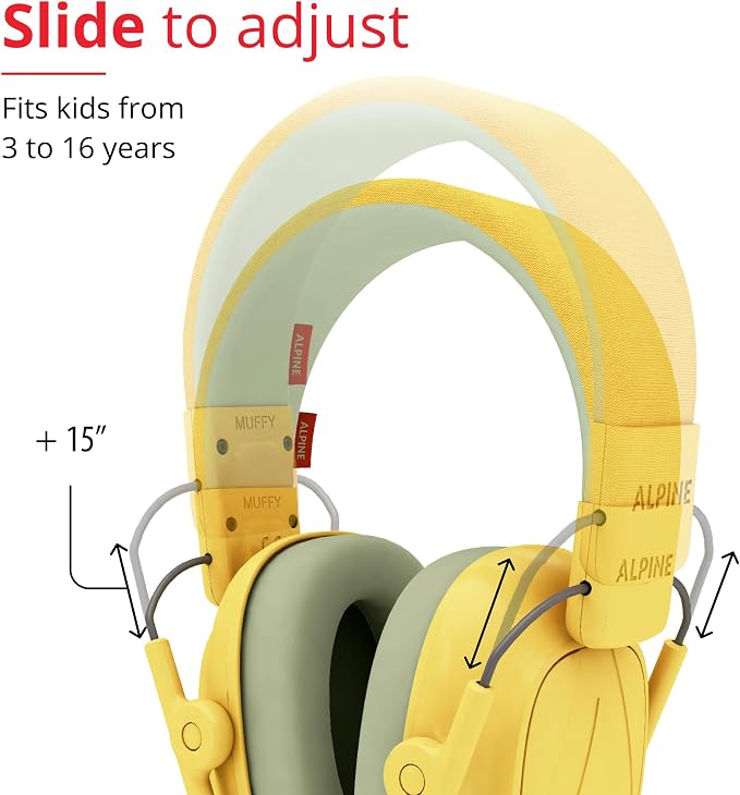 Alpine Muffy Kids - Hearing Protection - CE & ANSI Certified - Adjustable for Ages 3-16 years - Noise Cancelling Headphones - 25dB Sound Reduction Ideal for Protection and Concentration Aid - Yellow