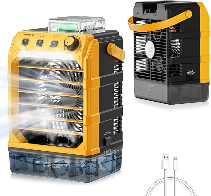 Rozlchar Portable Misting Fan Compatible for DeWALT 20V Battery, Jobsite Cooling Fan with 1.6L Tank, Stepless Speed & 8H Timer, LED Light, Quiet Airflow for Construction, Camping, Beach(Tool Only)