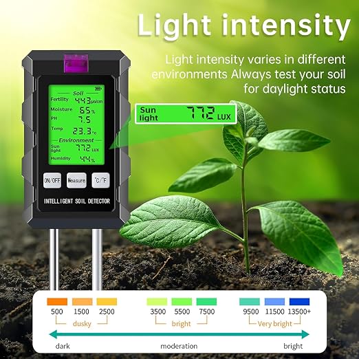 6-in-1 Soil Tester, Moisture Meter with pH Meter, Soil Moisture, Environment, Sunlight, Humidity, Fertility for Agriculture, Gardening and Outdoor Plants (2 *AAA Battery Needed)