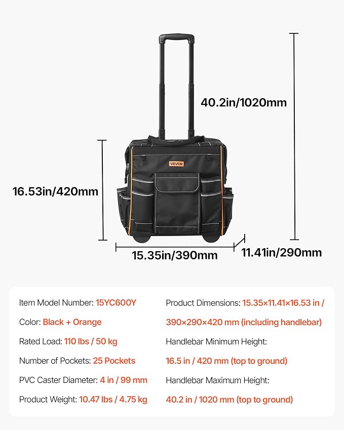 VEVOR 15" Rolling Tool Bag, 110 lbs Load Capacity, 25 Pockets Heavy Duty Roller Tool Bag on Wheels, Adjustable Telescoping Handle & Stable Base, Toolbag Organizers w/Wheels for Construction, Mechanic