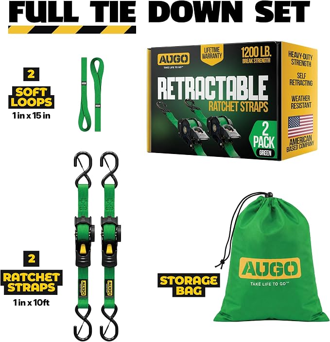 AUGO Retractable Ratchet Straps | 2 Heavy Duty Ratchet Straps Self Retractable Tie Downs with Soft Loops & Storage Bag for Motorcycle, Truck, Trailer, Cargo Van | 1200 Lb Break Strength 1” x 10’