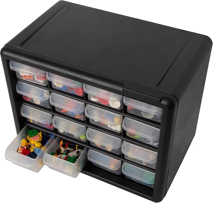 Akro-Mils 16-Drawer Plastic Drawer Storage Cabinet for Garage Organization, Beads, Makeup Organizer, Building Bricks Storage, Teacher Toolbox, 10-1/2" W x 6-1/2" D x 8-1/2" H, 10116 Black (Pack of 2)