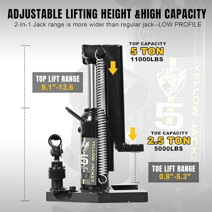 YELLOW JACKET Toe Jack, 5 Ton Saddle/2.5 Ton Claw 2-in-1 Low Profile Lift Jack, Heavy Duty Hydraulic Claw Jack for Automotive, Machinery, Construction, Farm, Garage
