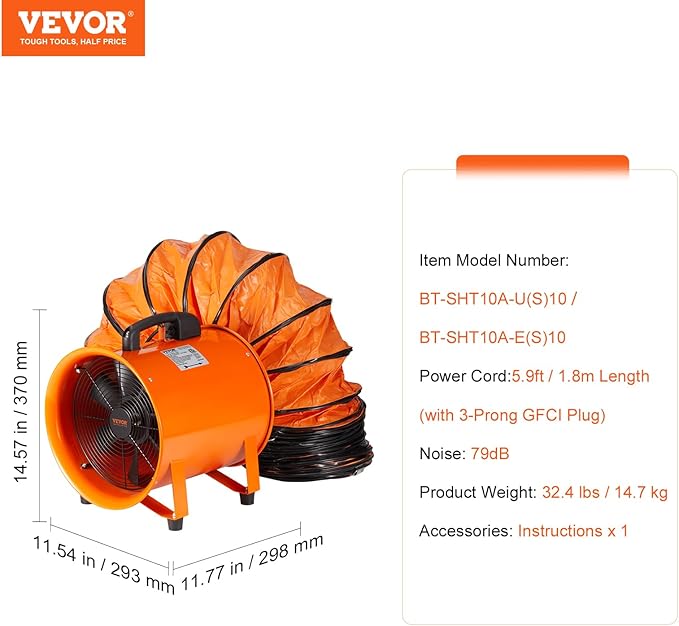VEVOR Air Mover Blower Fan 10 Inch, 1893CFM 380W with 33ft Flexible Duct, Industrial Portable Ventilator Blower/Exhaust