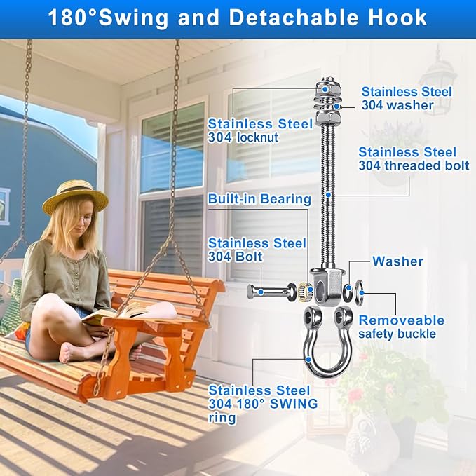 6Pcs Heavy Duty Swing Hangers with Bearings Swing Hooks for Wood & Metal Beams Stainless Steel Swing Hardware Bolts for Hanging Swings Chair Hammock Aerial Yoga Porch Swing 5" X M2/5", 1500LB Capacity