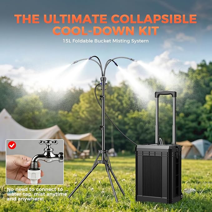 Portable Misting System with 15L Rolling Bucket, 10000mAh Battery Powered Standing Mister for Outside Patio, 4.2FT Adjustable Height Mobile Cooling Set for Beach, Camping, Picnic, Sports- Black