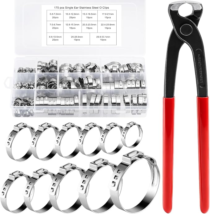 170PCS Single Ear Hose Clamps,11Sizes 5.8-33.1mm 304 Stainless Steel Stepless Hose Pex Crimp Cinch Rings Assortment Kit with Ear Clamp Pincer for Auto, Home, Pipe, Plumbing, Fuel Line, Garden